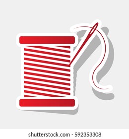 Thread with needle sign illustration. Vector. New year reddish icon with outside stroke and gray shadow on light gray background.
