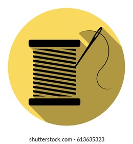 Thread with needle sign illustration. Vector. Flat black icon with flat shadow on royal yellow circle with white background. Isolated.