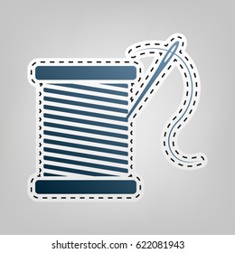 Thread with needle sign illustration. Vector. Blue icon with outline for cutting out at gray background.