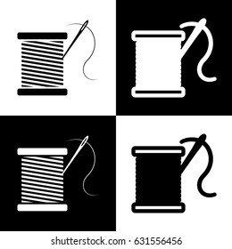 Thread with needle sign illustration. Vector. Black and white icons and line icon on chess board.