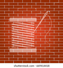 Thread with needle sign illustration. Vector. Whitish icon on brick wall as background.