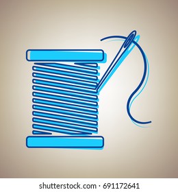 Thread with needle sign illustration. Vector. Sky blue icon with blue contour on beige background.