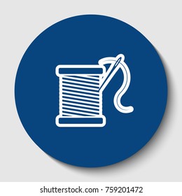 Thread with needle sign illustration. Vector. White contour icon in dark cerulean circle at white background. Isolated.