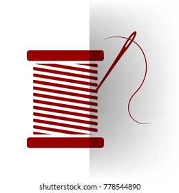 Thread with needle sign illustration. Vector. Bordeaux icon on white bending paper background.