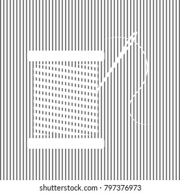 Thread with needle sign illustration. Vector. White icon on grayish striped background. Optical illusion.