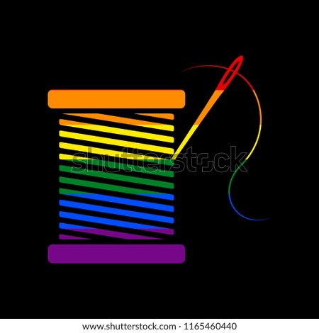 Thread with needle sign illustration. Vector. Icon with colors of LGBT flag at black background.