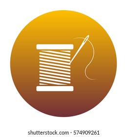 Thread with needle sign illustration. White icon in circle with golden gradient as background. Isolated.