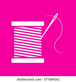 Thread with needle sign illustration. White icon at magenta background.
