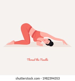 Thread The Needle Yoga Pose. Young Woman Practicing Yoga  Exercise. Woman Workout Fitness, Aerobic And Exercises. Vector Illustration.