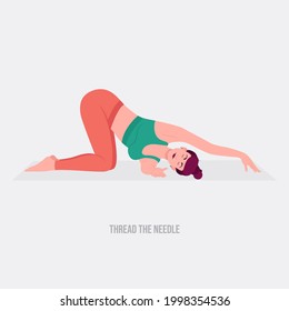 Thread the Needle Yoga pose. Young woman practicing yoga  exercise. Woman workout fitness, aerobic and exercises. Vector Illustration.