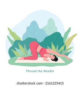 Thread the Needle Yoga pose. Young woman woman doing yoga for Yoga Day Celebration.