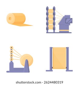 Thread production icons set cartoon vector. Various thread production equipment. Textile industry