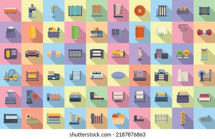 Los iconos de producción de subprocesos establecen el vector plano. La belleza de la moda. Fabricación de tejidos