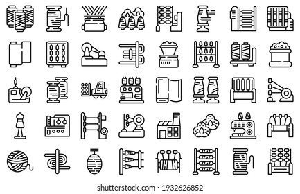 Zeichnen Sie Produktionssymbole auf. Rahmenset für die Threadproduktion, Vektorsymbole für Webdesign einzeln auf weißem Hintergrund