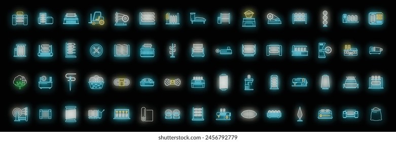 Thread production icons set outline vector. Fashion beauty. Fabric factory neon color on black