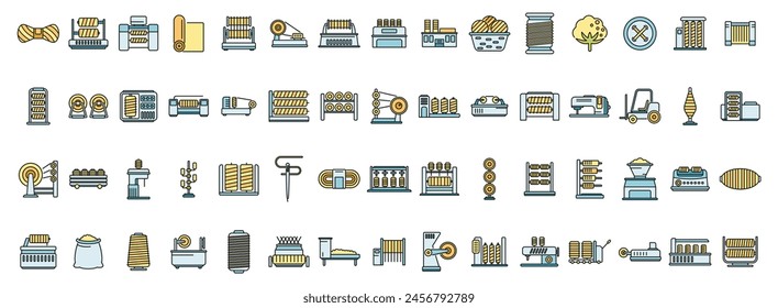 Thread production icons set outline vector. Fashion beauty. Fabric factory thin line color flat on white