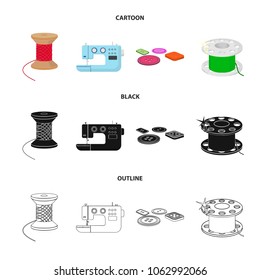 Thread reel, sewing machine, bobbin, pugwitz and other equipment. Sewing and equipment set collection icons in cartoon,black,outline style vector symbol stock illustration web.