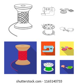 Thread reel, sewing machine, bobbin, pugwitz and other equipment. Sewing and equipment set collection icons in outline,flat style vector symbol stock illustration web.