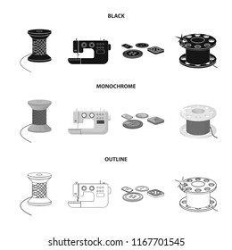 Thread reel, sewing machine, bobbin, pugwitz and other equipment. Sewing and equipment set collection icons in black,monochrome,outline style vector symbol stock illustration web.