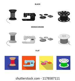 Thread reel, sewing machine, bobbin, pugwitz and other equipment. Sewing and equipment set collection icons in black, flat, monochrome style vector symbol stock illustration web.