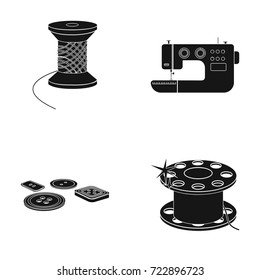 Thread reel, sewing machine, bobbin, pugwitz and other equipment. Sewing and equipment set collection icons in black style vector symbol stock illustration web.