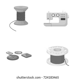 Thread reel, sewing machine, bobbin, pugwitz and other equipment. Sewing and equipment set collection icons in monochrome style vector symbol stock illustration web.