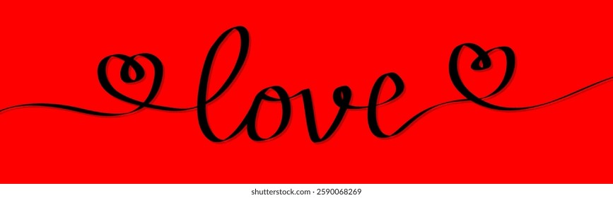Thread ribbon in shape of word Love. Two hearts. Hand drawn Love word One line style. Lettering for header, announcement, advertising, poster, banner. Flat design. Red background. Isolated. Vector