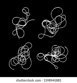 Thread scribble spots, nest, clouds on dark background. Set of tangled threads. Outline abstract scrawl sketch. Vector stock illustration of chaotic doodle shapes. EPS 10