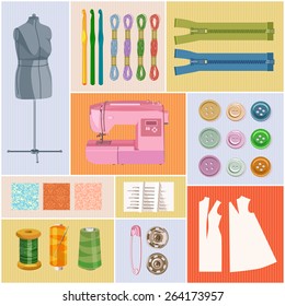 Thread for sewing, supplies and accessories for sewing on colorful background. Vector sewing equipment
