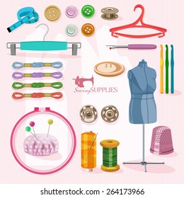 Thread for sewing, supplies and accessories for sewing on light pink background.  Vector sewing equipment