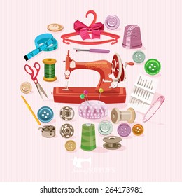 Thread for sewing, supplies and accessories for sewing on light pink background.  Vector sewing equipment