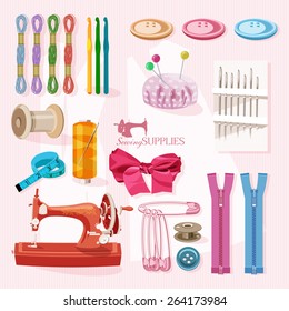 Thread for sewing, supplies and accessories for sewing on light pink background.  Vector sewing equipment