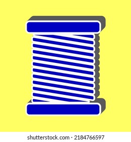 Thread-Zeichengrafik. Blaues Symbol mit weißem Schlaganfall in 3D auf gelbem Hintergrund. Illustration.