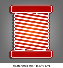 Thread sign illustration. Flat red icon with linear white icon with gray shadow at grayish background. Illustration.