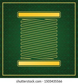 Thread sign illustration. Golden icon with gold contour at dark green gridded  background. Illustration.