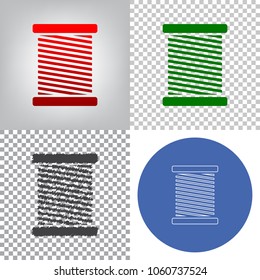 Thread sign illustration. Vector. 4 styles. Red gradient in radial lighted background, green flat and gray scribble icons on transparent and linear one in blue circle.