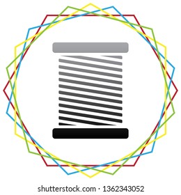 Thread sign illustration. Vector. Black icon with patch of light inside colorful hexagonal frames at white background.