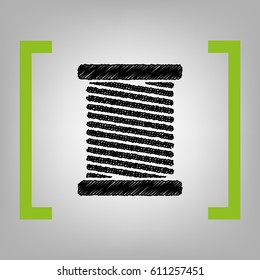 Thread sign illustration. Vector. Black scribble icon in citron brackets on grayish background.