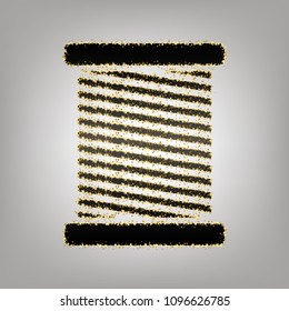 Thread sign illustration. Vector. Blackish icon with golden stars at grayish background.
