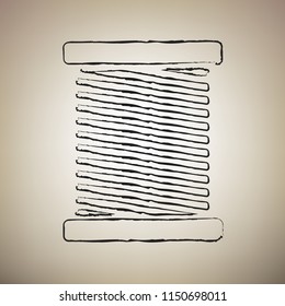 Thread sign illustration. Vector. Brush drawed black icon at light brown background.