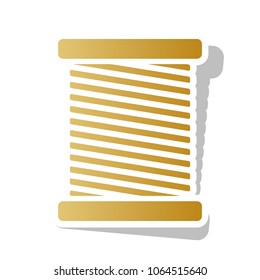 Thread sign illustration. Vector. Golden gradient icon with white contour and rotated gray shadow at white background.