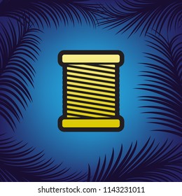 Thread sign illustration. Vector. Golden icon with black contour at blue background with branches of palm trees.