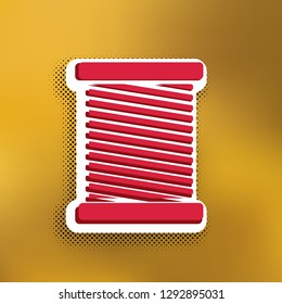 Thread sign illustration. Vector. Magenta icon with darker shadow, white sticker and black popart shadow on golden background.