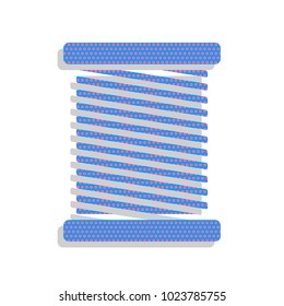 Thread sign illustration. Vector. Neon blue icon with cyclamen polka dots pattern with light gray shadow on white background. Isolated.