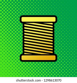 Thread sign illustration. Vector. Pop art orange to yellow dots-gradient icon with black contour at greenish background.