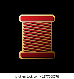 Thread sign illustration. Vector. Red icon with small black and limitless shadows at golden sticker on black background.