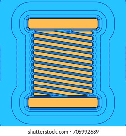 Thread sign illustration. Vector. Sand color icon with black contour and equidistant blue contours like field at sky blue background. Like waves on map - island in ocean or sea.