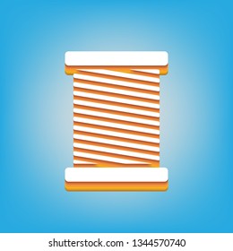 Thread sign illustration. Vector. White icon with 3d warm-colored gradient body at sky blue background.