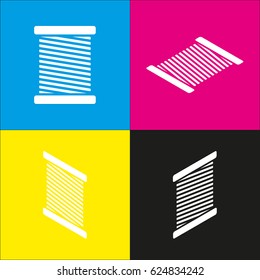 Thread sign illustration. Vector. White icon with isometric projections on cyan, magenta, yellow and black backgrounds.
