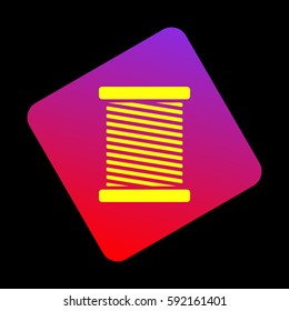 Thread sign illustration. Vector. Yellow icon at violet-red gradient square with rounded corners rotated for dynamics on black background.